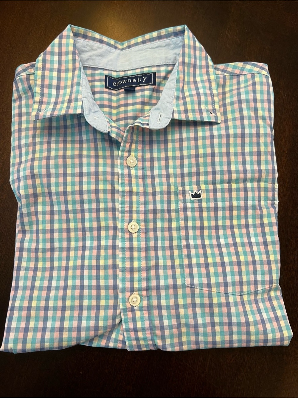 crown & ivy Pastel Gingham Button-Down Shirt in Blue & Pink